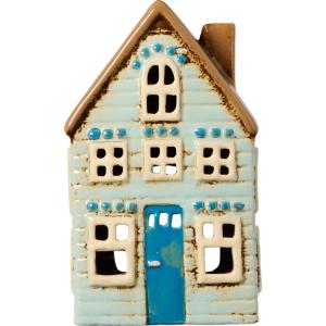 Hus for telys - Visby - Mint blå dør brun tak - 19 cm - www.frokenfraken.se
