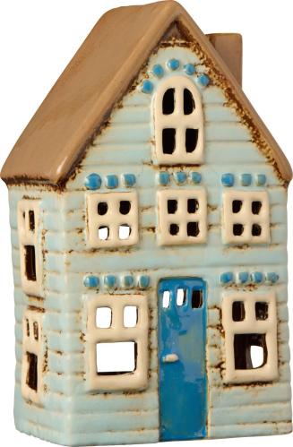 Hus for telys - Visby - Mint blå dør brun tak - 19 cm - www.frokenfraken.se