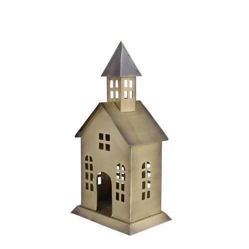 Lyslykt - Hus i metall - Kirke - Antikk messing - B16 x H32 x D11 cm - www.frokenfraken.se
