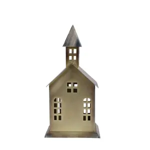Lyslykt - Hus i metall - Kirke - Antikk messing - B16 x H32 x D11 cm - www.frokenfraken.se