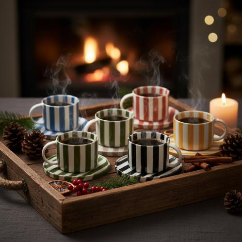 Kopp med fat - Randig - Grön - www.frokenfraken.se