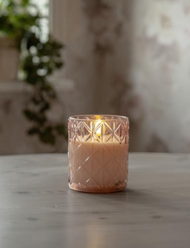 Batterilys - Blokklys med Glasslykt - Rosa - Flamme - Ø 8,5 x 10 cm - Timer - www.frokenfraken.se