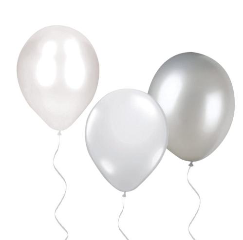Ballonger - Vita, perlemor & sølvmetallisk med bånd - 30 stk - www.frokenfraken.se