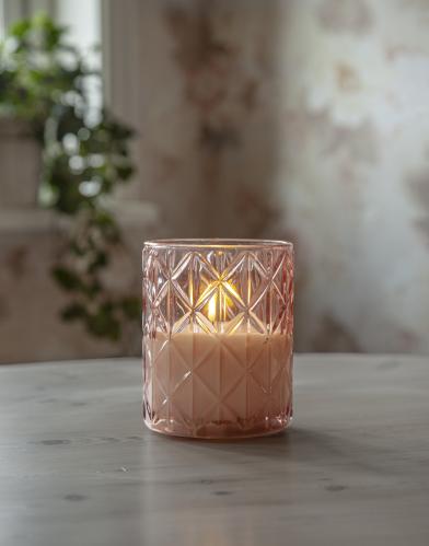 Batterilys - Blokklys med Glasslykt - Rosa - Flamme - Ø 10 x 12,5 cm - Timer - www.frokenfraken.se