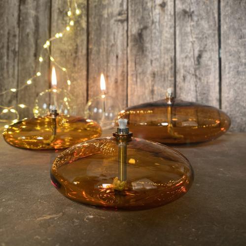 Oljelampe XL - Glass - Rund Platt Ellips - Lys Rav - Ø18 cm - www.frokenfraken.se