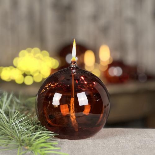 Oljelampe M - Glass - Rund Kule - Mørk rav - Ø11 cm - www.frokenfraken.se