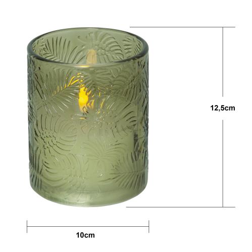 Batterilys - Blokklys med Glasslykt - Grønn - Flamme - Ø 10 x 12,5 cm - Timer - www.frokenfraken.se