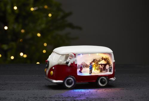 Jultomte i buss med dekorationsby - 12,5 cm - www.frokenfraken.se