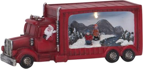 Tomte i rød lastebil med julelandsby på tilhengeren - 9 cm - www.frokenfraken.se