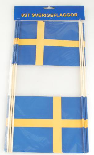 Svenske flagg - 6 papirflagg med trepinne - 15 x 20 cm - www.frokenfraken.se