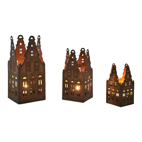 Lyslykter hus Metall - 3 størrelser - Antikk messing - 14-27 cm - www.frokenfraken.se