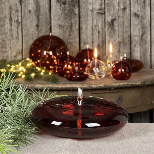 Oljelampe M - Glass - Rund Platt Ellips - Mørk Rav - Ø14 cm - www.frokenfraken.se