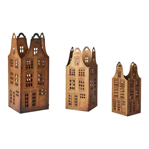 Lysestaker hus Metall - 3 størrelser - Antikk messing - 14-27 cm - www.frokenfraken.se