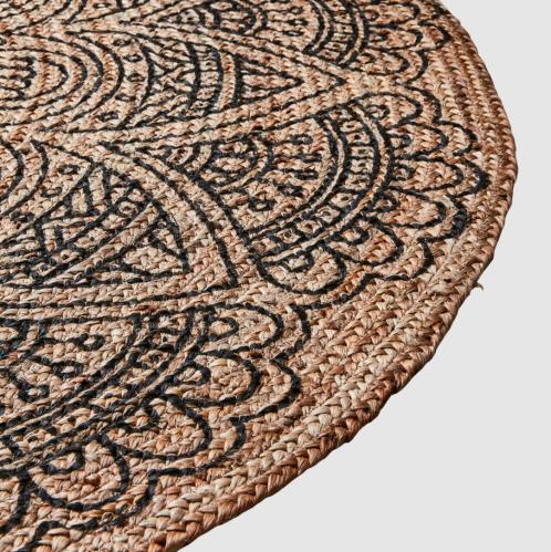 Teppe - Boho - Rund - Jute/Svart - Mønstret - Ø90 cm - www.frokenfraken.se