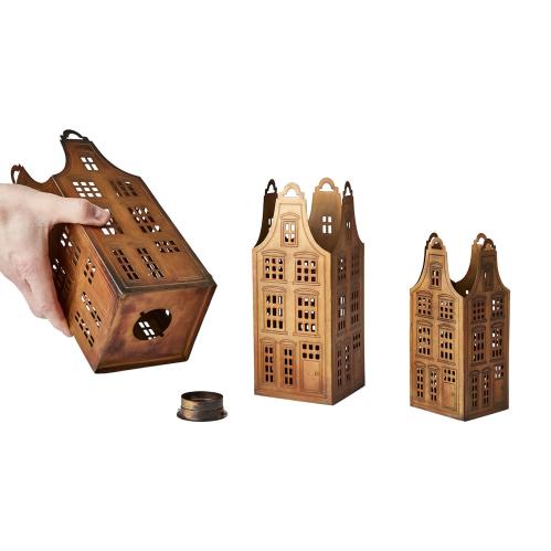 Lysestaker hus Metall - 3 størrelser - Antikk messing - 14-27 cm - www.frokenfraken.se