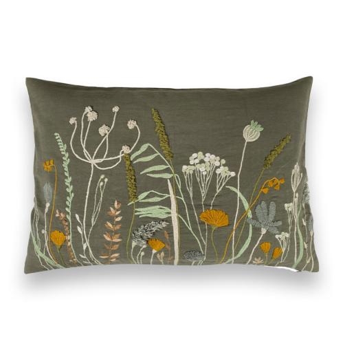 Kuddfodral - broderade blommor - Grønn 60 x 40 cm - www.frokenfraken.se