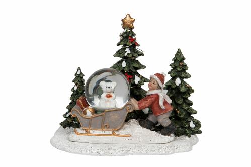 Snøkule - LED-lampe - Nisse med slede og grantrær - 16 x 12,5 x 14,5 cm - www.frokenfraken.se