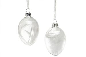 Egg - Glass med hvit fjær inni - 1 stk - 4 x 6,5 cm - www.frokenfraken.se
