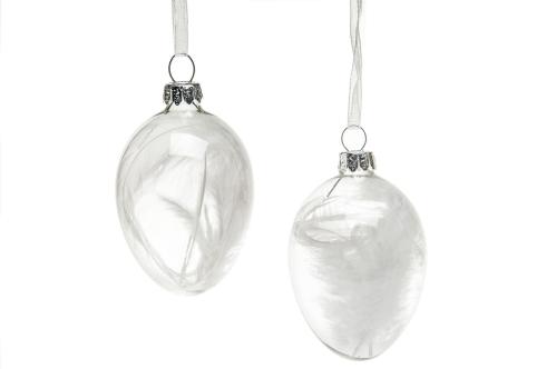 Egg - Glass med hvit fjær inni - 1 stk - 4 x 6,5 cm - www.frokenfraken.se