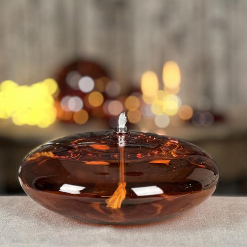 Oljelampa XL - Glas - Rund Platt Ellips - Mörk Bärnsten - Ø18 cm - www.frokenfraken.se