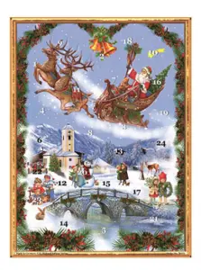 Adventskalender - Nissens slede over landsbyen - A3 - 42 x 29,7 cm - www.frokenfraken.se