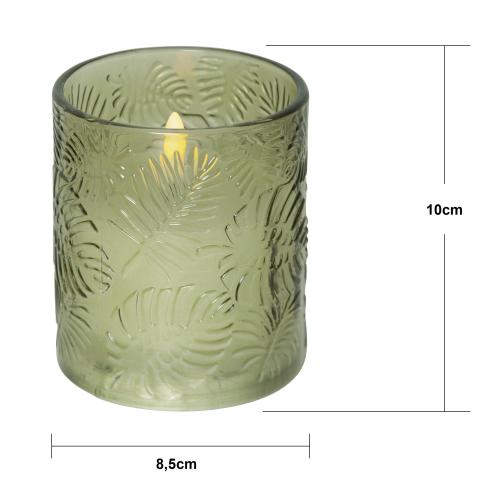 Batterilys - Blokklys med Glasslykt - Grønn - Flamme - Ø 8,5 x 10 cm - Timer - www.frokenfraken.se