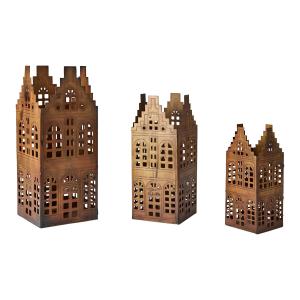 Lyslykt hus - sett med 3 - Messingfarget - 7 x 7 x 14 cm - www.frokenfraken.se