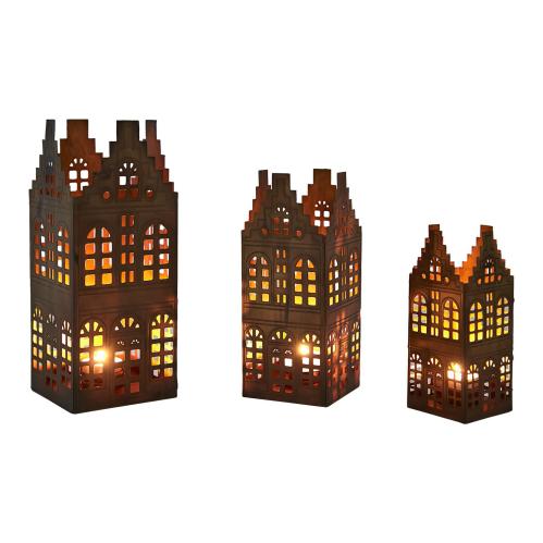 Lyslykt hus - sett med 3 - Messingfarget - 7 x 7 x 14 cm - www.frokenfraken.se
