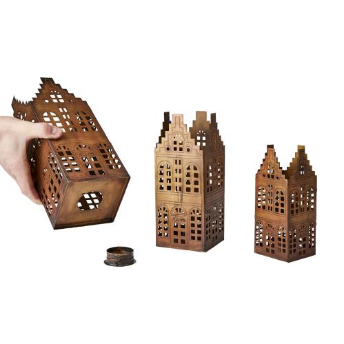 Lyslykt hus - sett med 3 - Messingfarget - 7 x 7 x 14 cm - www.frokenfraken.se
