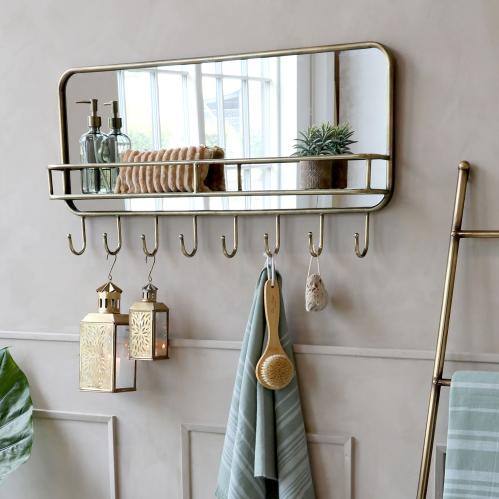 Spegel med hylla och krokar - Antik messing - 44,5 x 87 x 12 cm - www.frokenfraken.se