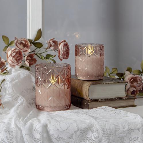 Batterilys - Blokklys med Glasslykt - Rosa - Flamme - Ø 10 x 12,5 cm - Timer - www.frokenfraken.se