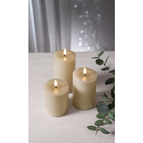 Batterilys - LED Blokklys Flamme Flow - Beige - 17,5 x Ø7,5 cm - Timer - www.frokenfraken.se