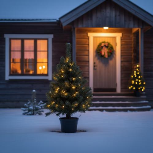 Julgran i rund krukke - 90 cm - Innendørs og utendørs bruk - Batteridrevet - www.frokenfraken.se